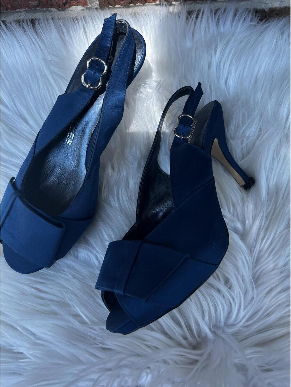 Pedro Miralles Navy Blue Peep Toe Slingback Heels